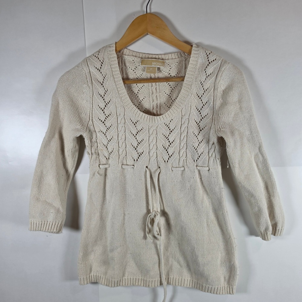Michael Michael Kors Cream Cable Knit Pointelle Drawstring Sweater Petite P